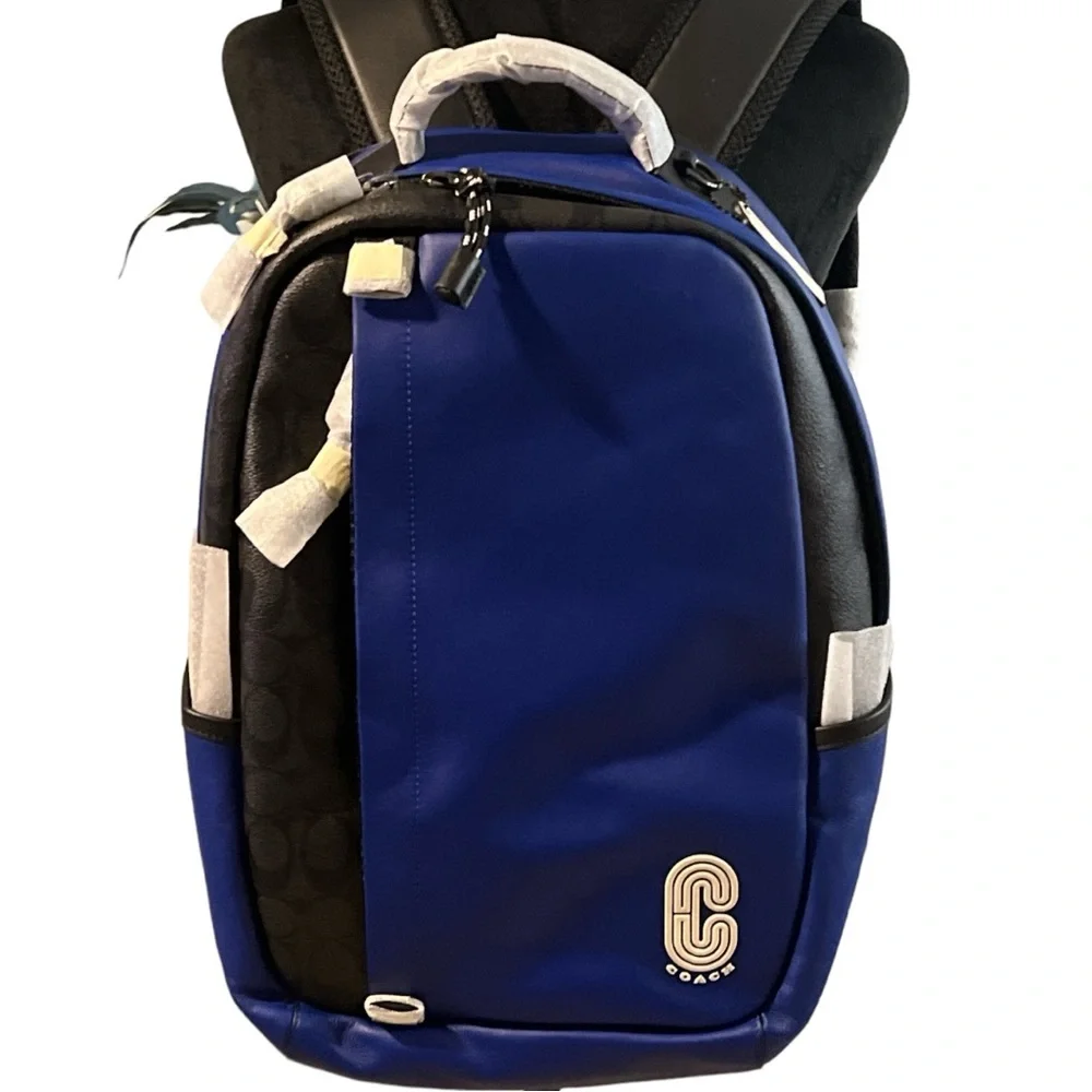 COACH EDGE UNISEX BACKPACK IN COLORBLOCK BLUE AND BLACK CANVAS AND LEATHER NWT